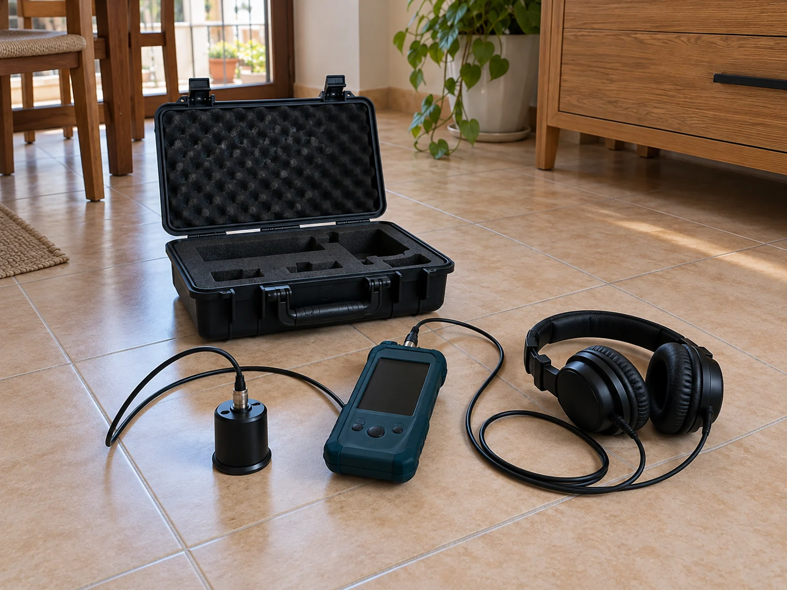 Kit de geófono: receptor de mano, auriculares, sensor de contacto y maletín de transporte