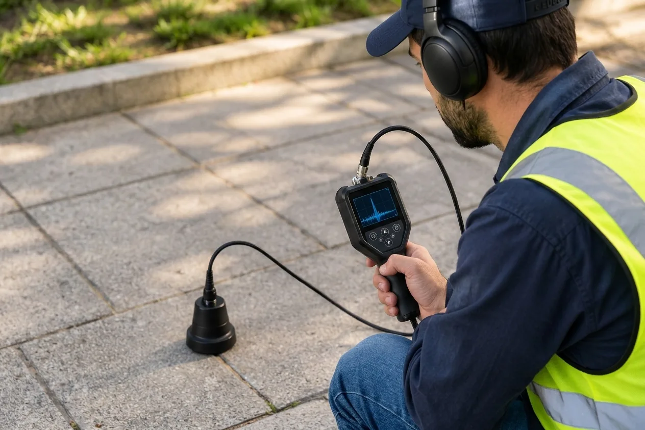 Técnico con auriculares y receptor de mano auscultando el sensor de un geófono apoyado en el pavimento